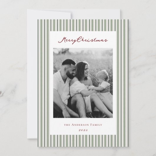 Sage Green Stripes Tweezijdige Familiefoto Feestdagenkaart (Voorkant)