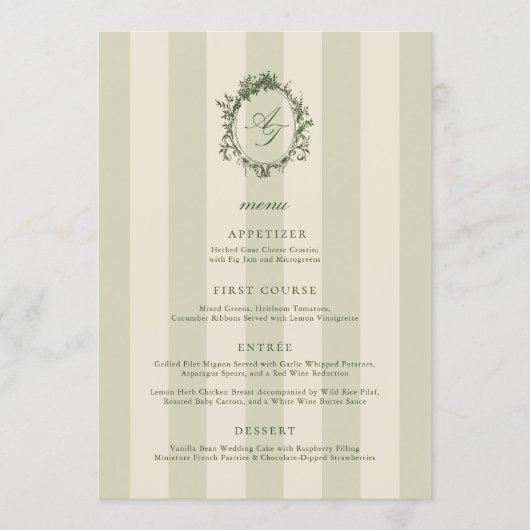 Sage Green Stripes Wedding Menu (Devant)