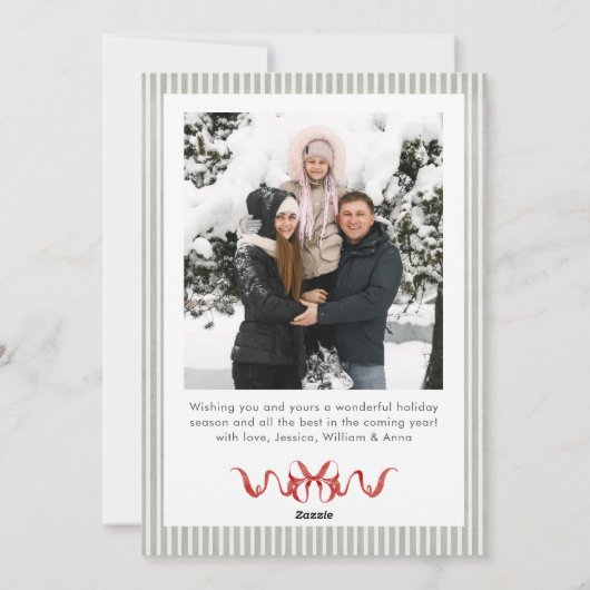 Sage Green Stripped Red Bow Christmas 2 Photo Feestdagenkaart (Achterkant)