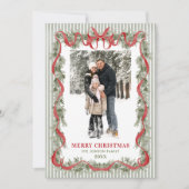 Sage Green Stripped Red Bow Christmas 5 Photo Feestdagenkaart (Voorkant)