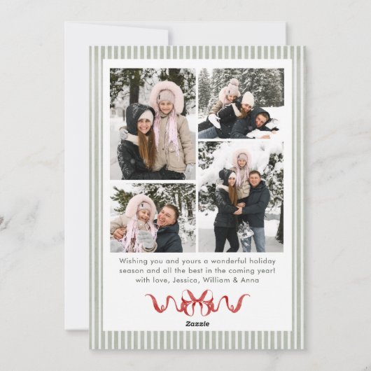 Sage Green Stripped Red Bow Christmas 5 Photo Feestdagenkaart (Achterkant)