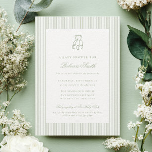 Sage Green Teddy Bear Preppy Elegant Baby shower Kaart