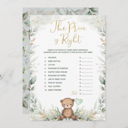 Sage Green Teddy Bear raadt het juiste prijsspel Kaart (Voorkant / Achterkant)