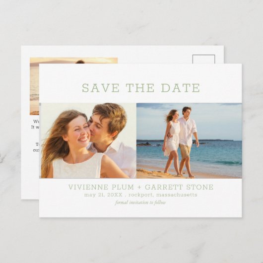 Sage Green Text 3 Foto Weddenschap Save the Date Aankondigingskaart (Voorkant / Achterkant)