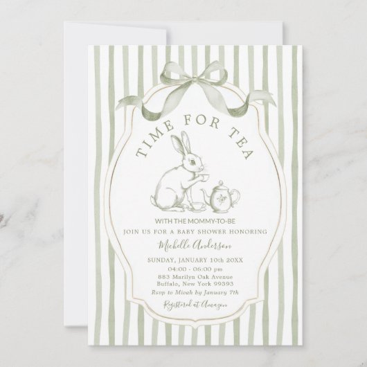 Sage Green Time for Tea Rabbit Invitation (Devant)