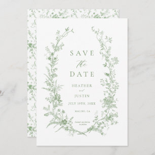 Sage Green Toile  Bloemen Huwelijk Save The Date