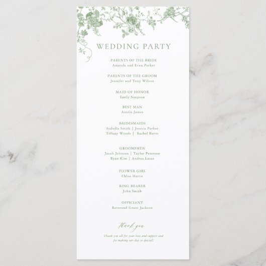 Sage Green Toile Classic Floral Wedding Programma (Achterkant)
