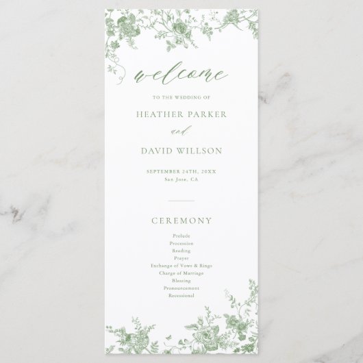 Sage Green Toile Classic Floral Wedding Programma (Voorkant)