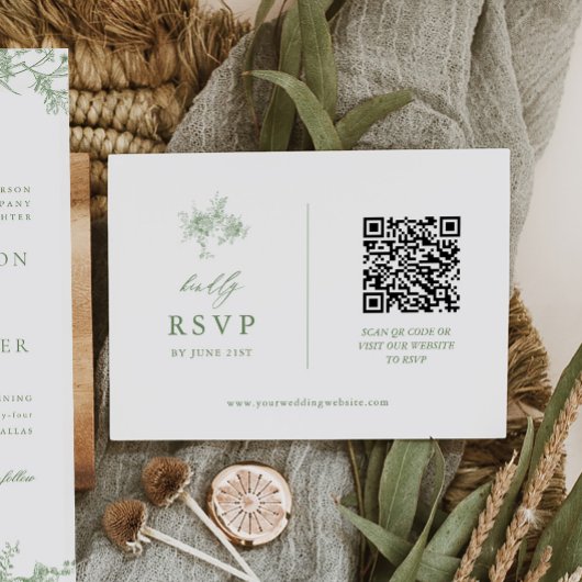 Sage Green Toile Floral Wedding QR-code RSVP Kaartje