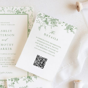 Sage Green Toile Franse Bloemen Trouwdetails QR Informatiekaartje