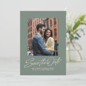 Sage green trendy script two photo wedding save the date (Staand voorkant)