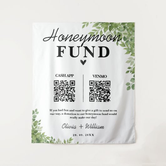 Sage Green verlaat huwelijksreisfonds QR Wedding Wandkleed (Voorkant)