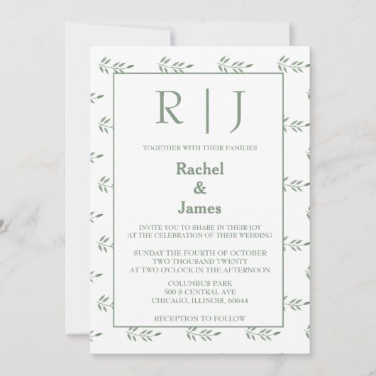 Sage Green verlaat Monogram QR Code Wedding Kaart (Voorkant)
