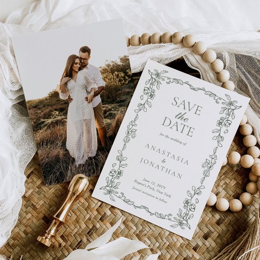 Sage Green Victoriaans Fotobruiloft Save The Date