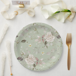 Sage Green Vintage Rose Floral Dinner Papieren Bordje