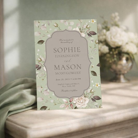 Sage Green Vintage Rose Wedding Invitation