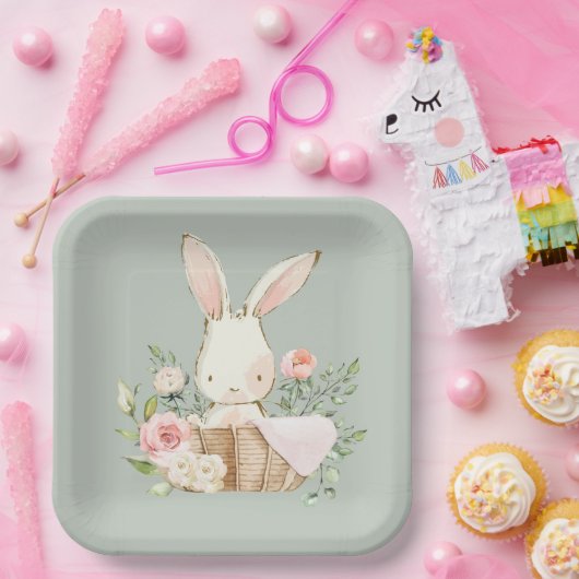Sage Green Waterverf Bunny Rabbit Paper Borden Papieren Bordje (Feest)