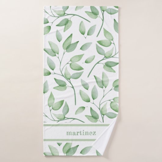 Sage Green Waterverf Leaves en Name Badhanddoek (Badhanddoek)