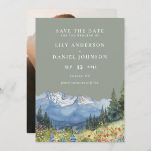 Sage Green Waterverf Mountain Foto bruiloft Save The Date