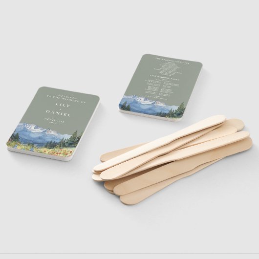 Sage Green Waterverf Mountain Wedding Programma Handwaaier (Niet-gemonteerd)