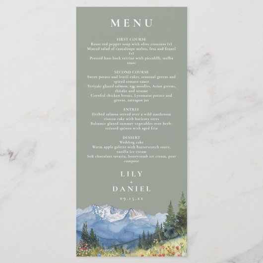 Sage Green Waterverf Mountain Wildflower Wedding Menu (Voorkant)