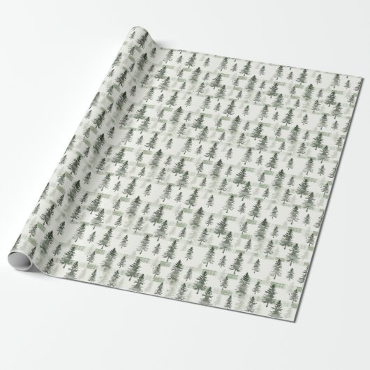Sage Green Waterverf Pine Trees Wrapping Paper | Cadeaupapier (Uitgerold)