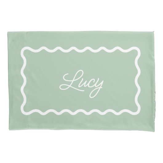 Sage Green Wavy Scallop Frame Monogram Kussensloop (Voorkant)