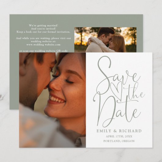 Sage Green Wedding 2 Foto QR Code Elegant Script Save The Date (Voorkant / Achterkant)