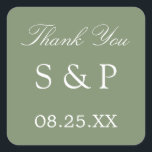 Sage Green Wedding Favoriser Merci Sticker<br><div class="desc">Sage Green Wedding Favor Sticker Merci,  s'il vous plaît personnaliser avec les initiales du couple et la date du mariage,  en utilisant le modèle de personnalisation en ligne avant de commander. Le design simple et attrayant imprimé sur l'autocollant présente un élégant texte blanc sur une belle couleur verte sage.</div>