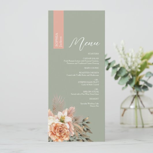 Sage Green Wedding Menu met Gastnaam (Staand voorkant)