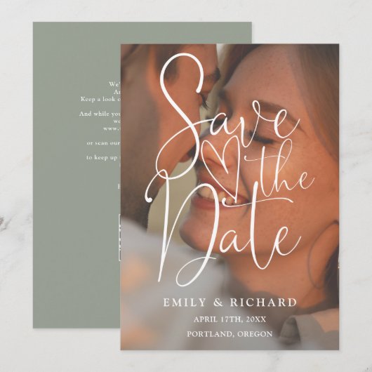 Sage Green Wedding Photo Elegant Script QR-code Save The Date (Voorkant / Achterkant)