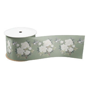 Sage Green White Chinoiserie Porcelain Floral Bird Lint