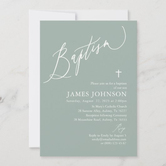 Sage Green White Cross Boy Baptism Invitation Kaart (Voorkant)