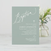 Sage Green White Cross Boy Baptism Invitation Kaart (Staand voorkant)