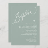 Sage Green White Cross Boy Baptism Invitation Kaart (Voorkant / Achterkant)