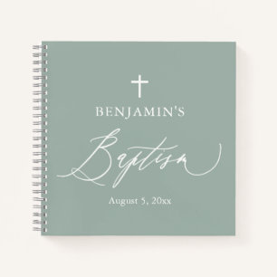 Sage Green White Cross Boy Baptism Livre d'invité