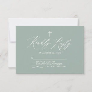 Sage Green White Cross Boy Baptism RSVP-kaart RSVP Kaartje