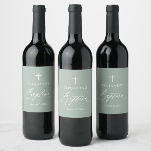Sage Green White Cross Boy Baptisme Wine Label Wijn Etiket (Flessen)