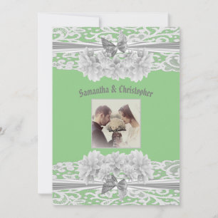 Sage green white dentelle mariage photo invitation