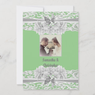 Sage green white dentelle mariage photo invitation