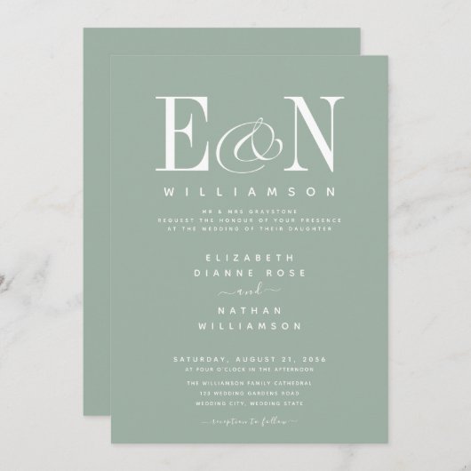 Sage Green & White Élégant Mariage Invitation (Devant / Derrière)