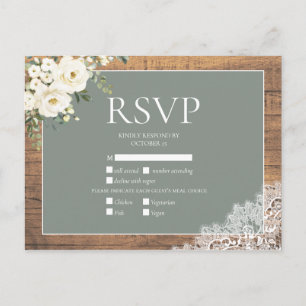 Sage Green White Floral Lace Wood Weddenschap RSVP Uitnodiging Briefkaart