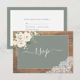 Sage Green White Floral Script Lace Wood RSVP Kaartje