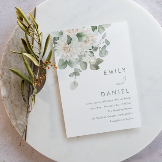 Sage Green & White Floral Wedding Kaart