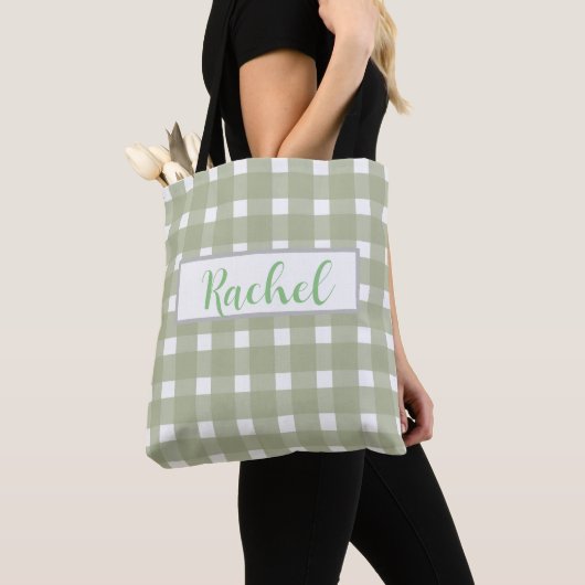 Sage Green White Gingham, gepersonaliseerd Draagtas (Dichtbij)