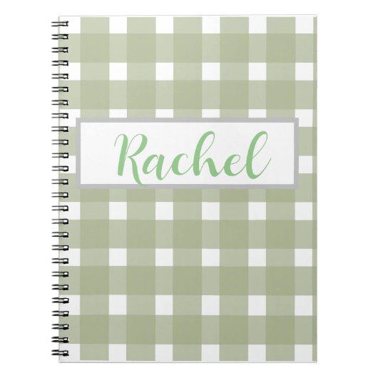 Sage Green White Gingham, gepersonaliseerd Notitieboek (Voorkant)