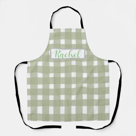 Sage Green White Gingham, gepersonaliseerd Schort (Voorkant)