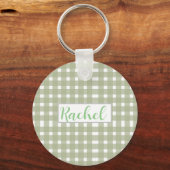 Sage Green White Gingham, gepersonaliseerd Sleutelhanger (Voorkant)