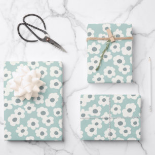 Sage Green White Grey Floral Boho Trendy Inpakpapier Vel