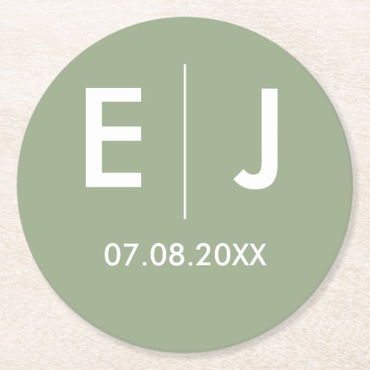 Sage Green & White Monogram Weddenschap Ronde Kartonnen Onderzetter (Voorkant)